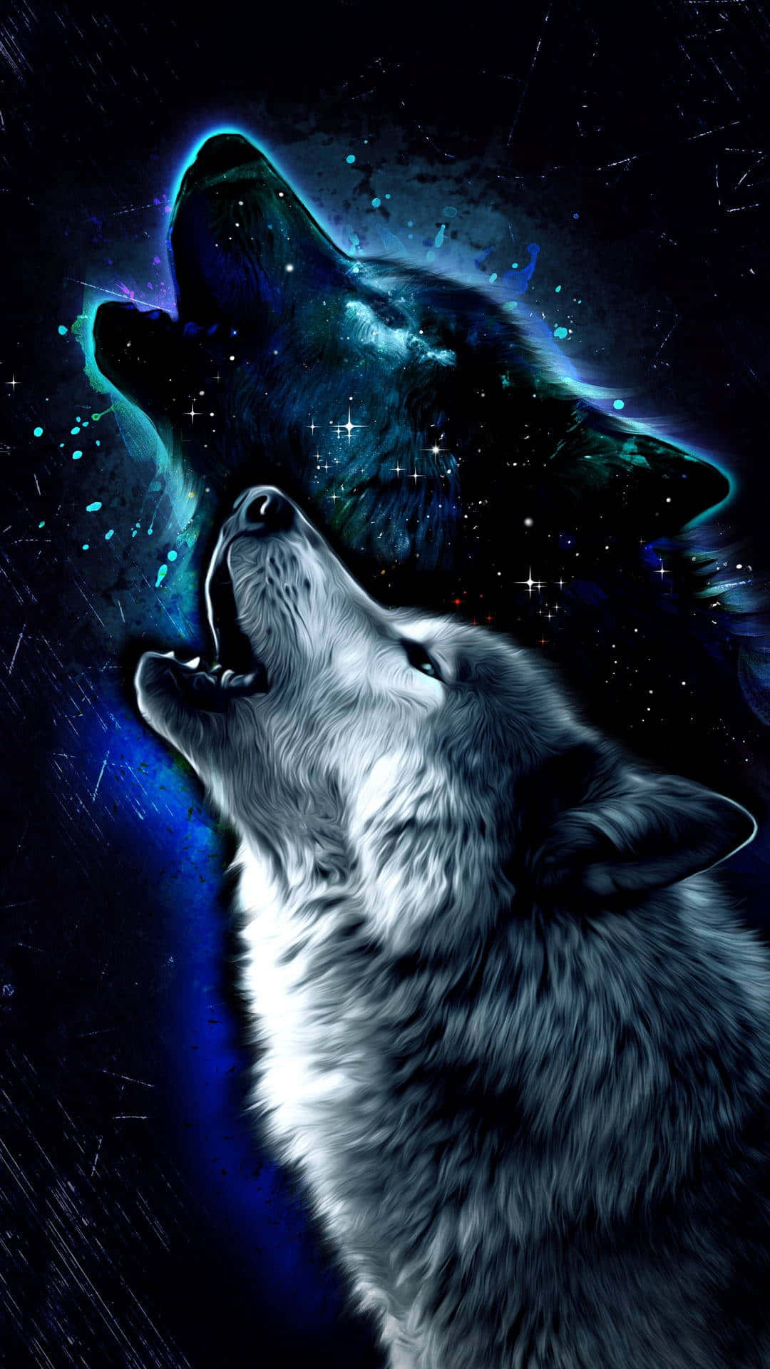 Cool Anime Wolf 桌布 壁紙 — 一隻狼向上嚎叫，其剪影與充滿星星和宇宙塵埃的發光宇宙星雲融為一體。