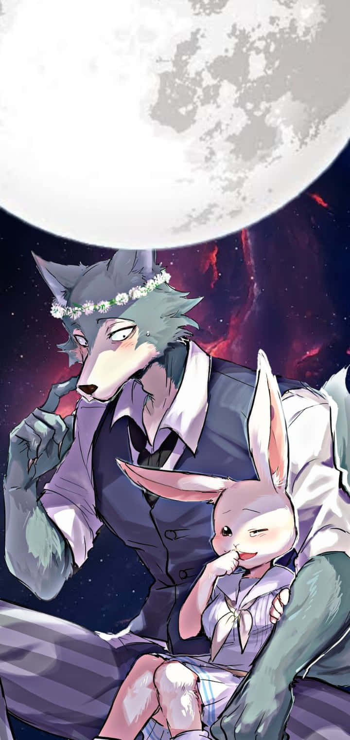 獸星 桌布 壁紙 — 一隻狼和一隻兔子穿著正裝，坐在一個巨大的月亮下，背景是宇宙紅色星雲。