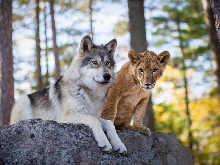 Timber Wolf 桌布 壁紙 — 一隻狼和一隻獅子幼崽並排坐在陽光普照的森林中一塊長滿苔蘚的石頭上，身後是高聳的樹木。