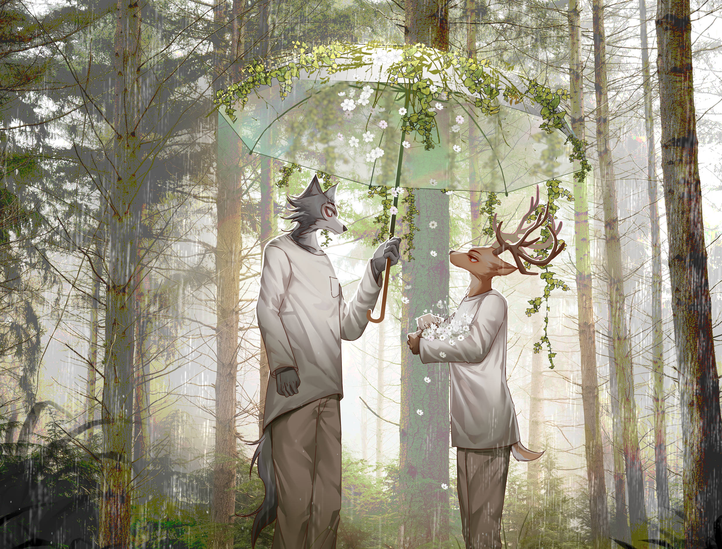 獸星 桌布 壁紙 — 一隻狼和一隻鹿在迷霧森林中共享一把花卉雨傘，雨水在他們周圍落下。