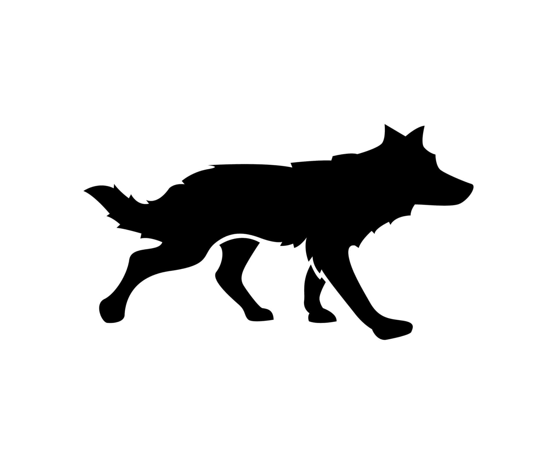 Wolf Silhouette 桌布 壁紙 — 一隻狼在純白背景下大步邁進的醒目黑色剪影。