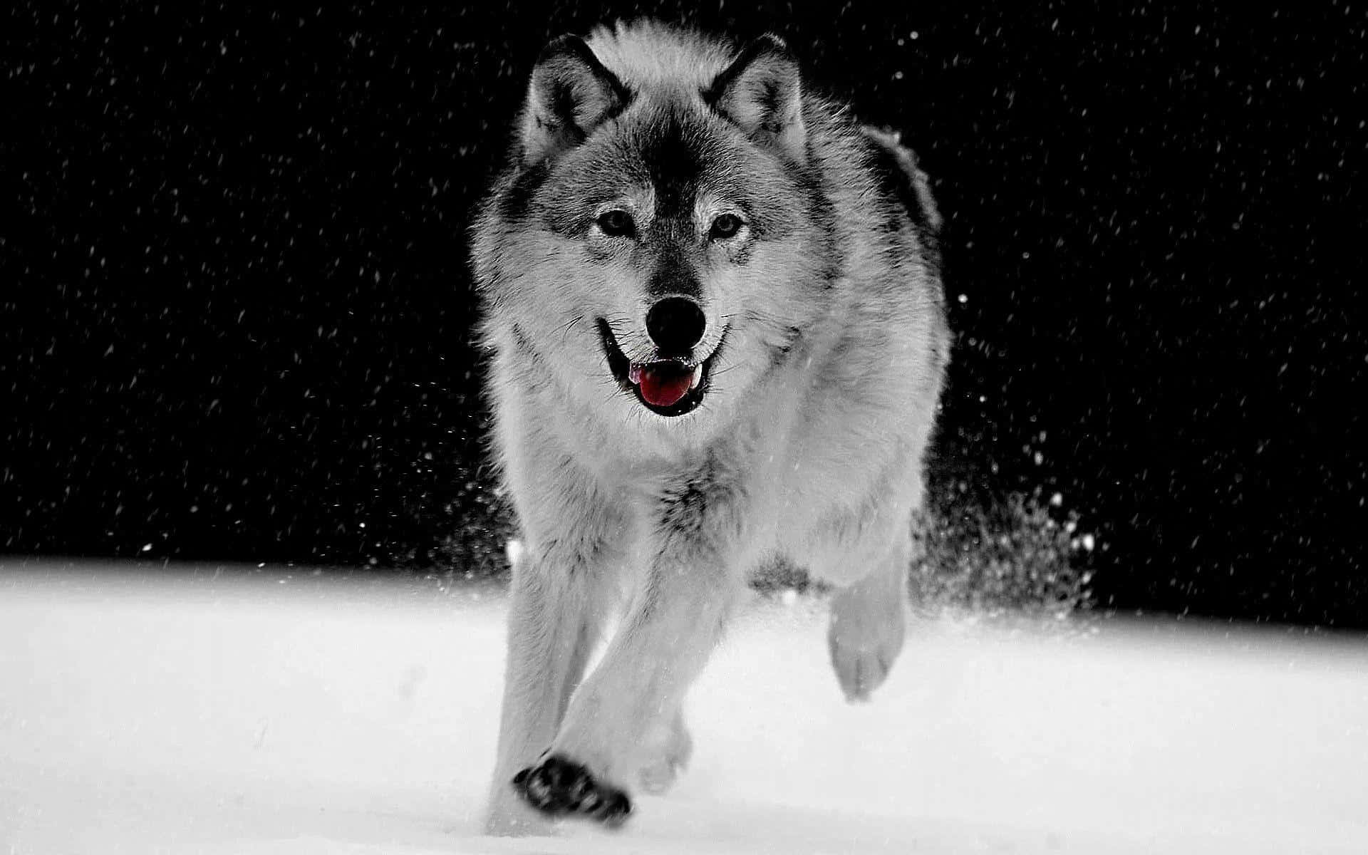Gray Wolf 桌布 壁紙 — 一隻狼在純黑背景下，伸出舌頭在飄雪中疾馳。