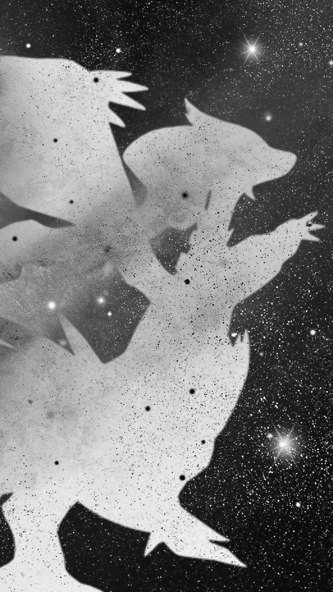 寶可夢 桌布 壁紙 — 一隻狼在繁星點點的夜空下嚎叫的單色剪影，伴隨著閃爍的宇宙塵埃。