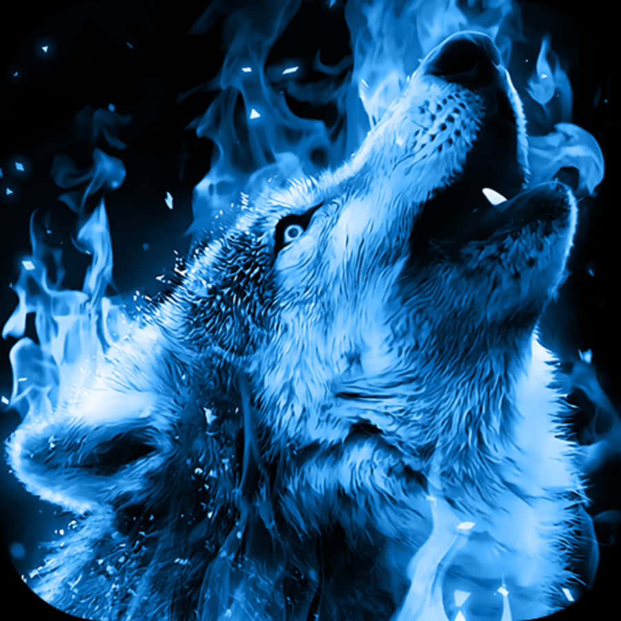 Wolf Aesthetic 桌布 壁紙 — 一隻狼在黑暗背景下被發光的藍色火焰包圍向上嚎叫。