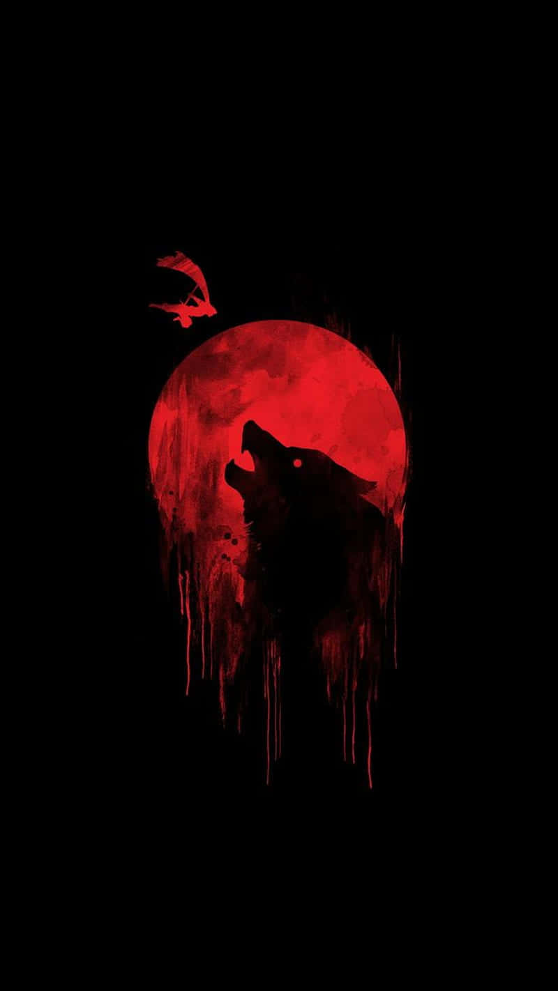 Wolf iPhone 桌布 壁紙 — 一隻狼對著血紅色的月亮嚎叫，帶有滴落的油漆效果，上方有一隻小鳥飛過。