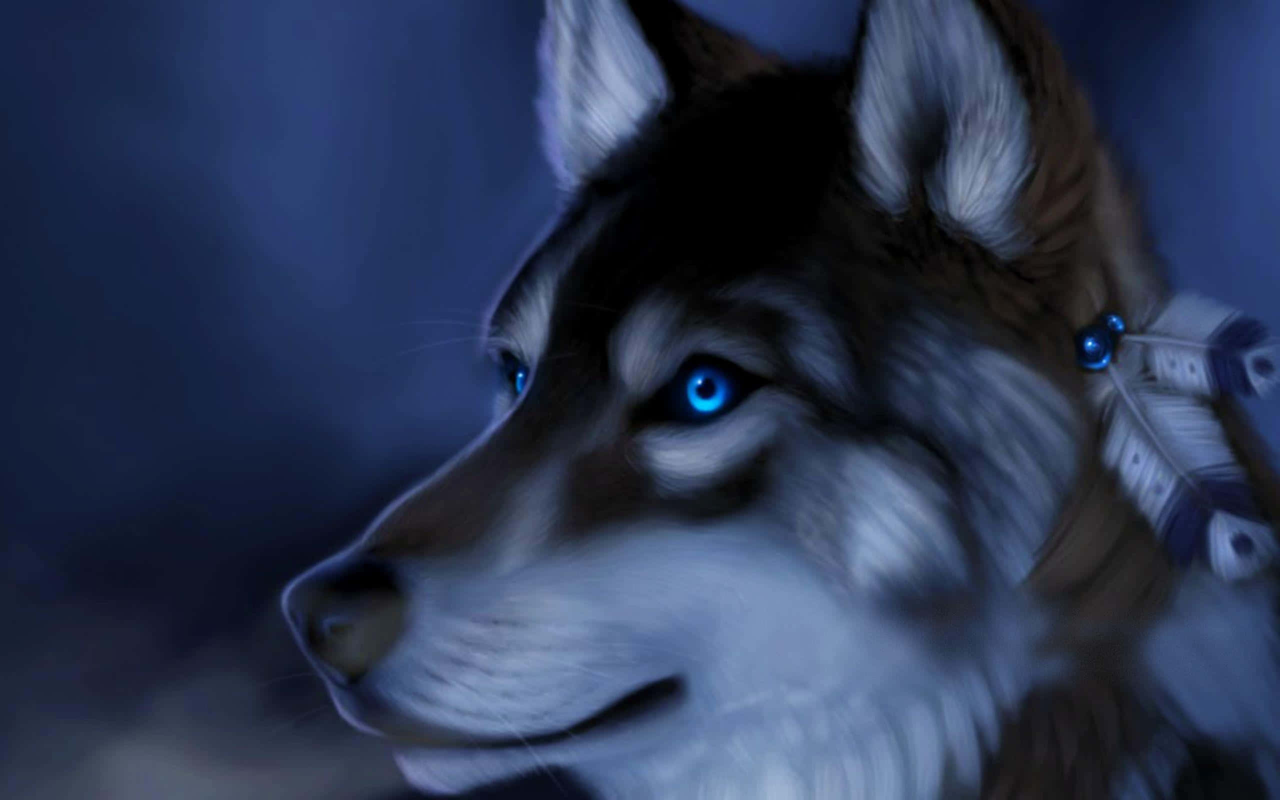 3d Wolf 桌布 壁紙 — 一隻狼的特寫，擁有銳利的藍色眼睛和帶羽毛的耳朵，背景為深藍色。