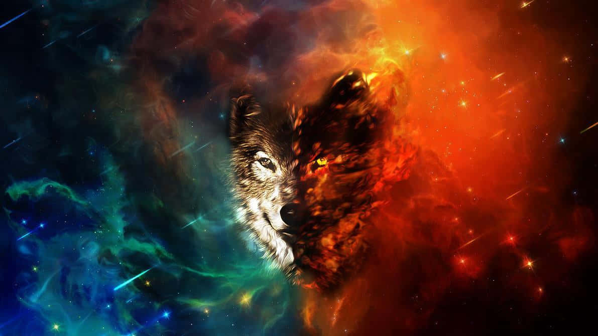 Fire Wolf 桌布 壁紙 — 一隻狼的臉從宇宙星雲中浮現，一隻眼睛在熾熱的橙色和冷色調的藍綠色星野中發出黃光。