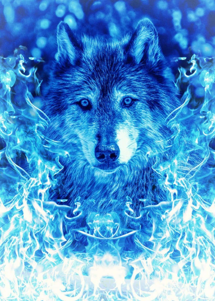 Blue Fire Wolf 桌布 壁紙 — 一隻狼的銳利目光穿透旋轉的藍色火焰，在超現實、冰冷的奇幻場景中。