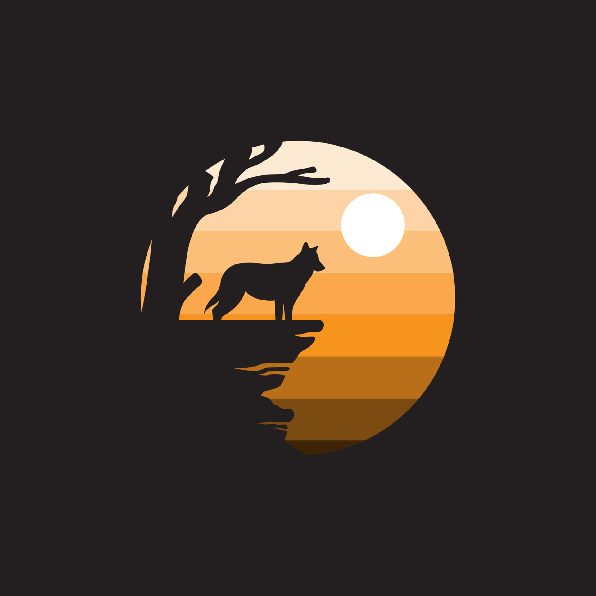 Wolf Silhouette 桌布 壁紙 — 一隻狼站在懸崖邊緣的剪影，下方是風格化的日落，有一棵光禿禿的樹和明亮的太陽。