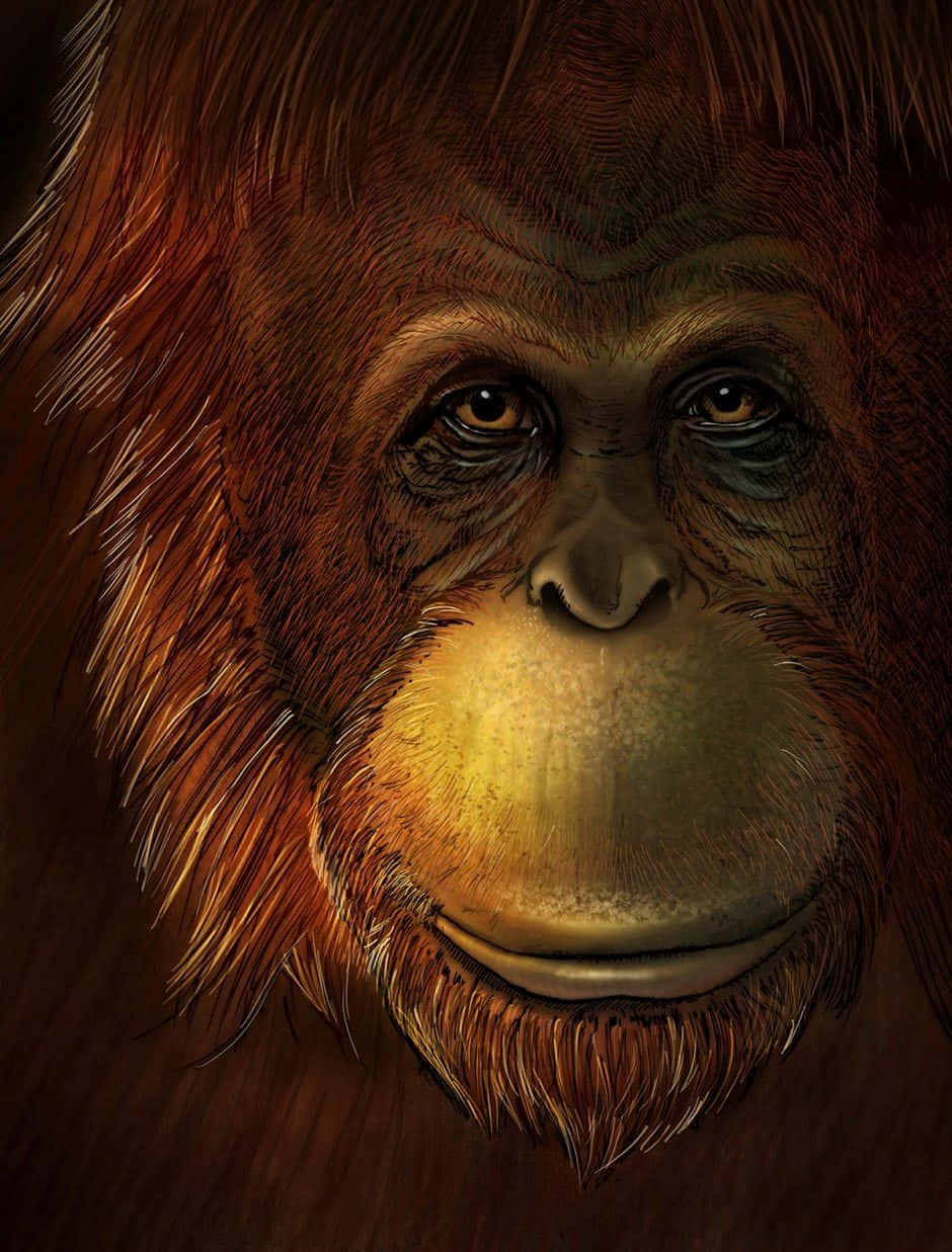 Ape 桌布 壁紙 — 一隻猩猩的特寫數位肖像，擁有強烈金色眼睛和紋理豐富的紅棕色毛髮，在溫暖燈光下。