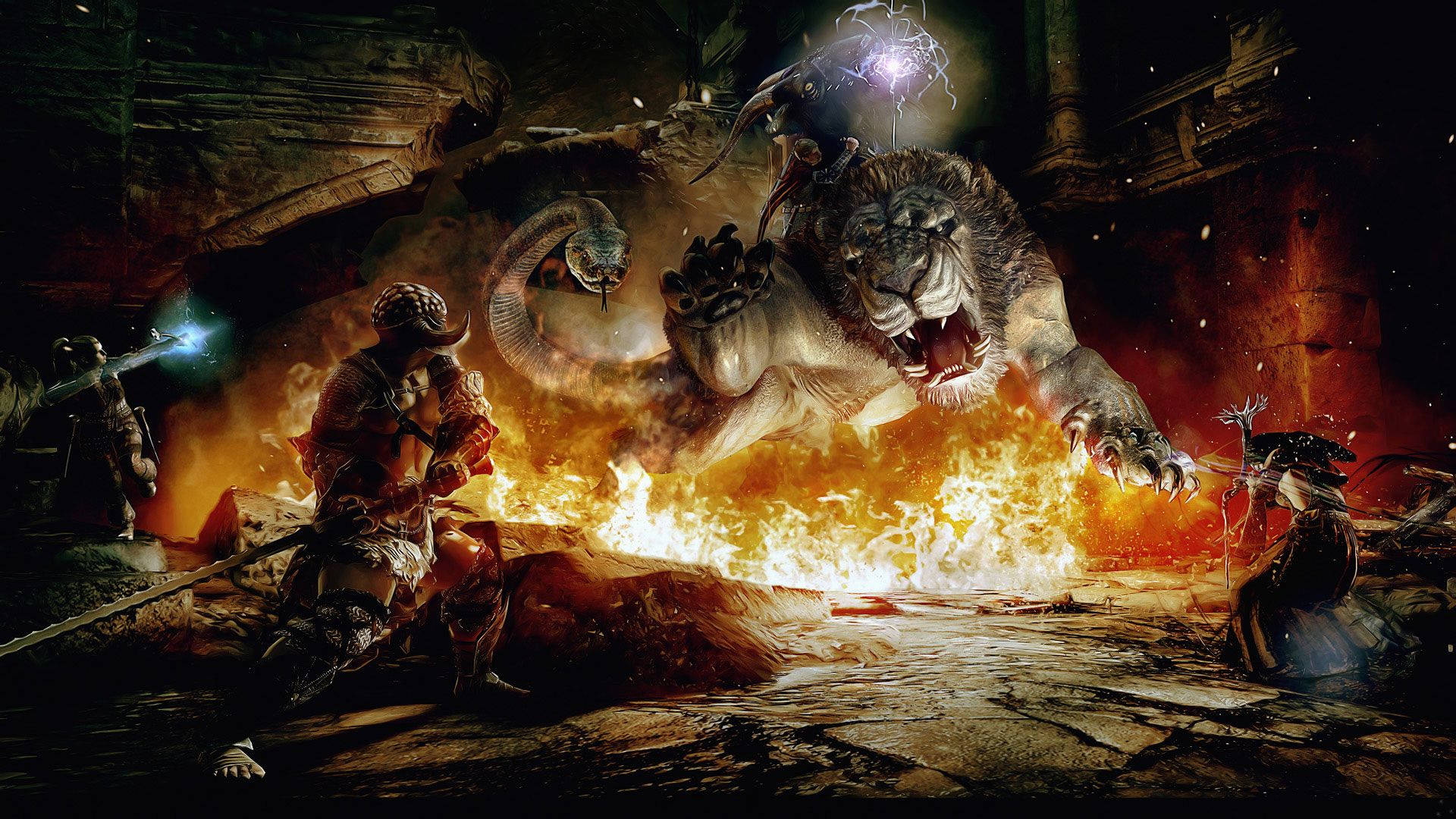 Dragons 桌布 壁紙 — 一隻獅頭怪物從火焰中爆發，戰士們在黑暗破敗的競技場中戰鬥。