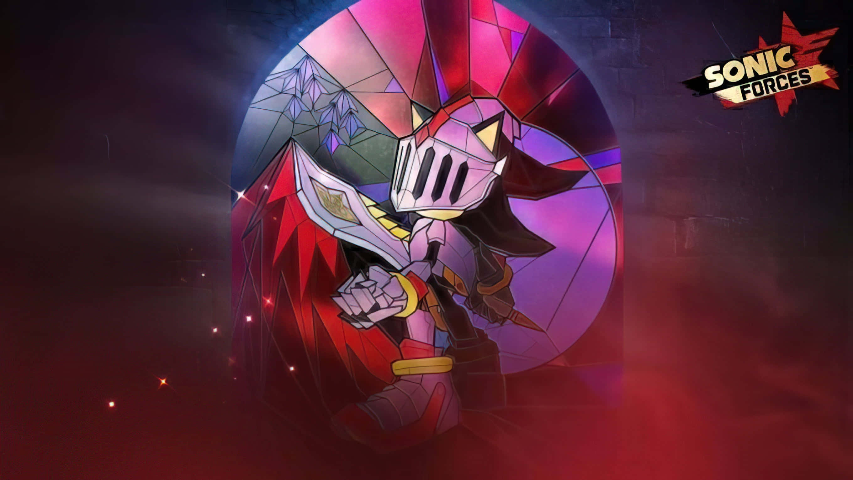 Sonic Forces Speed Battle 桌布 壁紙 — 一隻獲封騎士的刺蝟英雄地站在發光的彩繪玻璃拱門前，背景是暗紅色的神秘場景。
