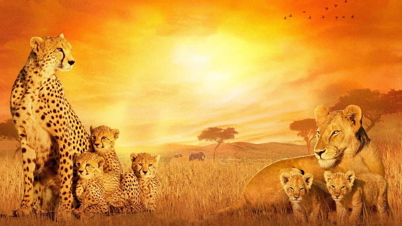720p Africa 桌布 壁紙 — 一隻獵豹和她的幼崽在金色大草原的草叢中，與一頭母獅和她的幼崽一起警覺地站立，頭頂是熾熱的夕陽天空。