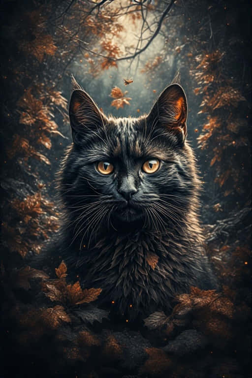 Photorealistic Ebony Cat Cinematic  Digital Art 壁紙 — 一隻琥珀色眼睛的黑貓，透過霧氣森林中落下的秋葉樹冠，專注地凝視著。