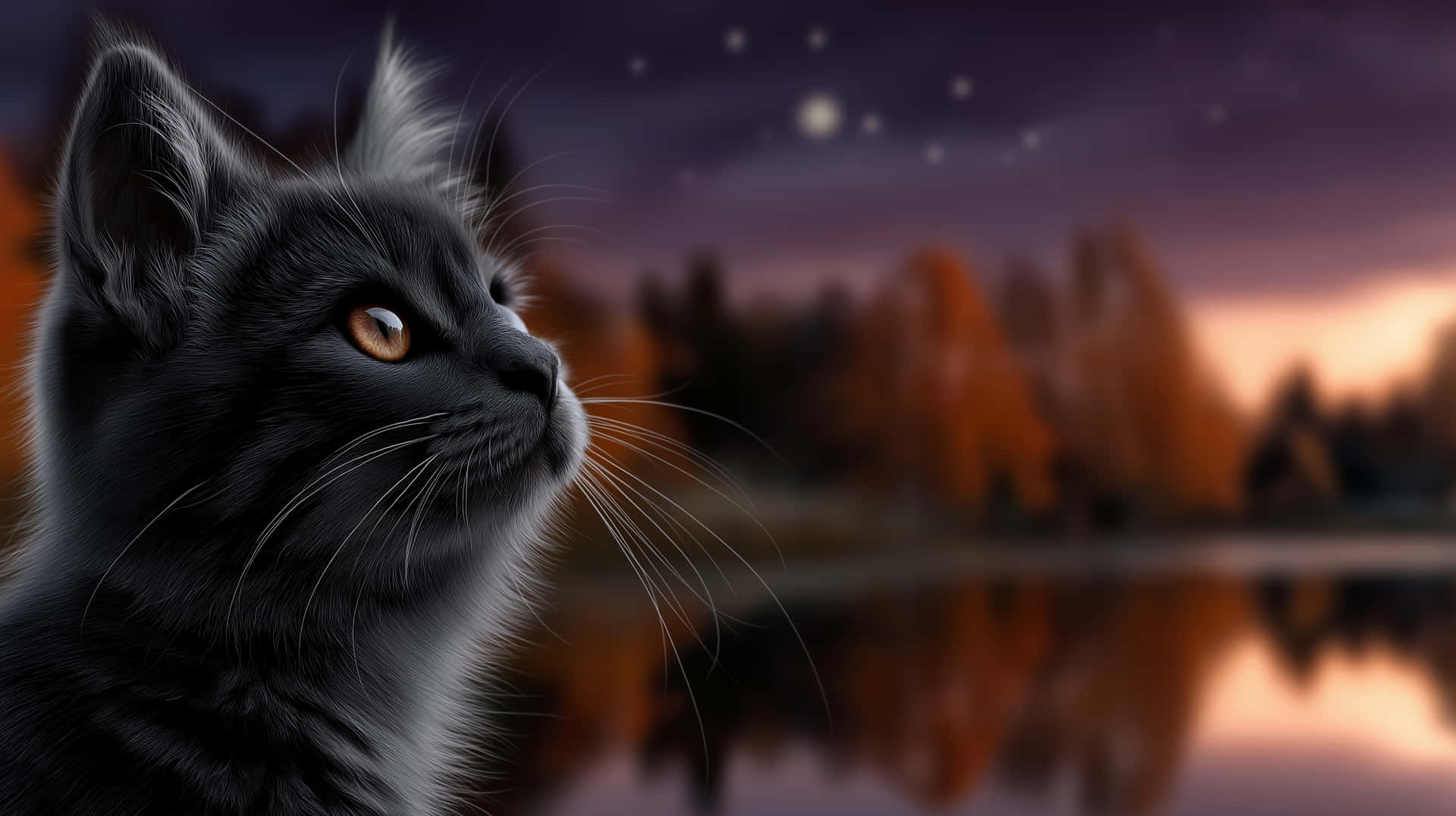 Black Cat Admiring Sunset Over Lake and Autumn Trees 壁紙 — 一隻琥珀色眼睛的黑貓仰望星空，秋樹倒映在水中，背景是暮色天空。