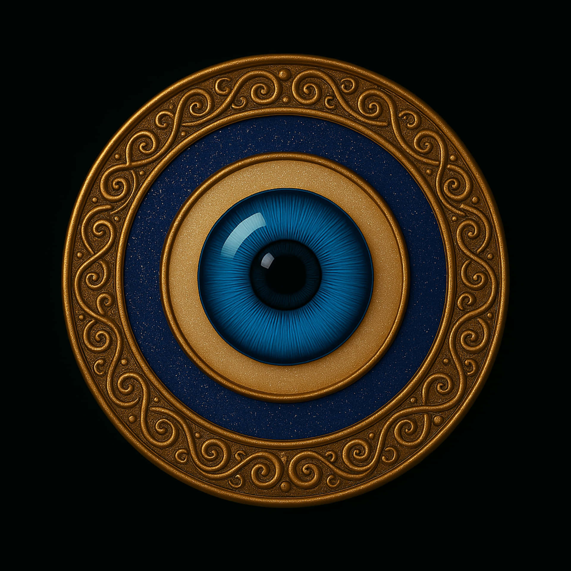 Close up of evil eye 壁紙 — 一隻生動的藍色眼睛，帶有複雜的金色漩渦和同心圓，置於鮮明的黑色背景上。