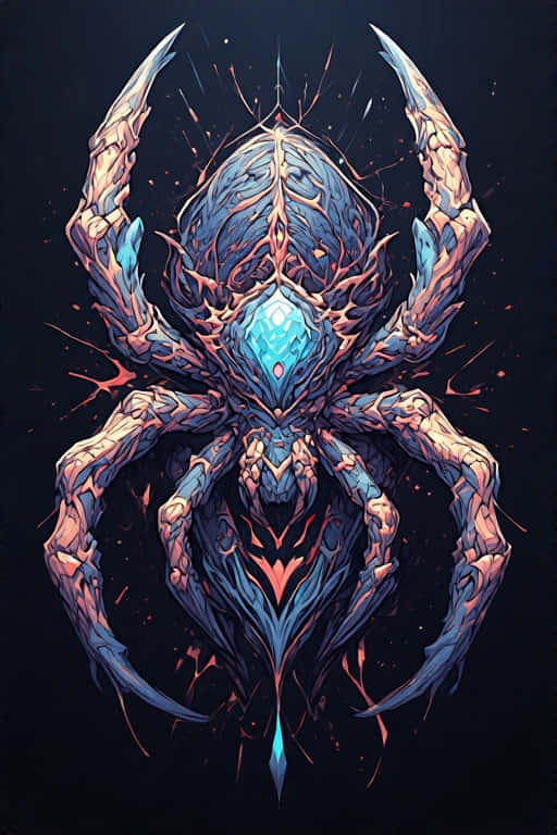 Elegant Arachnid Spider 4K 壁紙 — 一隻生物機械蜘蛛，帶有發光藍色核心和珊瑚粉紅色肢體，在黑暗的宇宙背景下爆發。