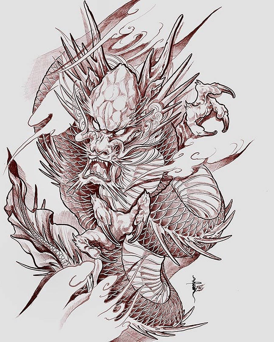 Japanese Dragon Tattoo 桌布 壁紙 — 一隻用墨水繪製的兇猛龍，帶有尖刺鱗片和利爪，在普通背景下於旋轉的煙霧中咆哮。