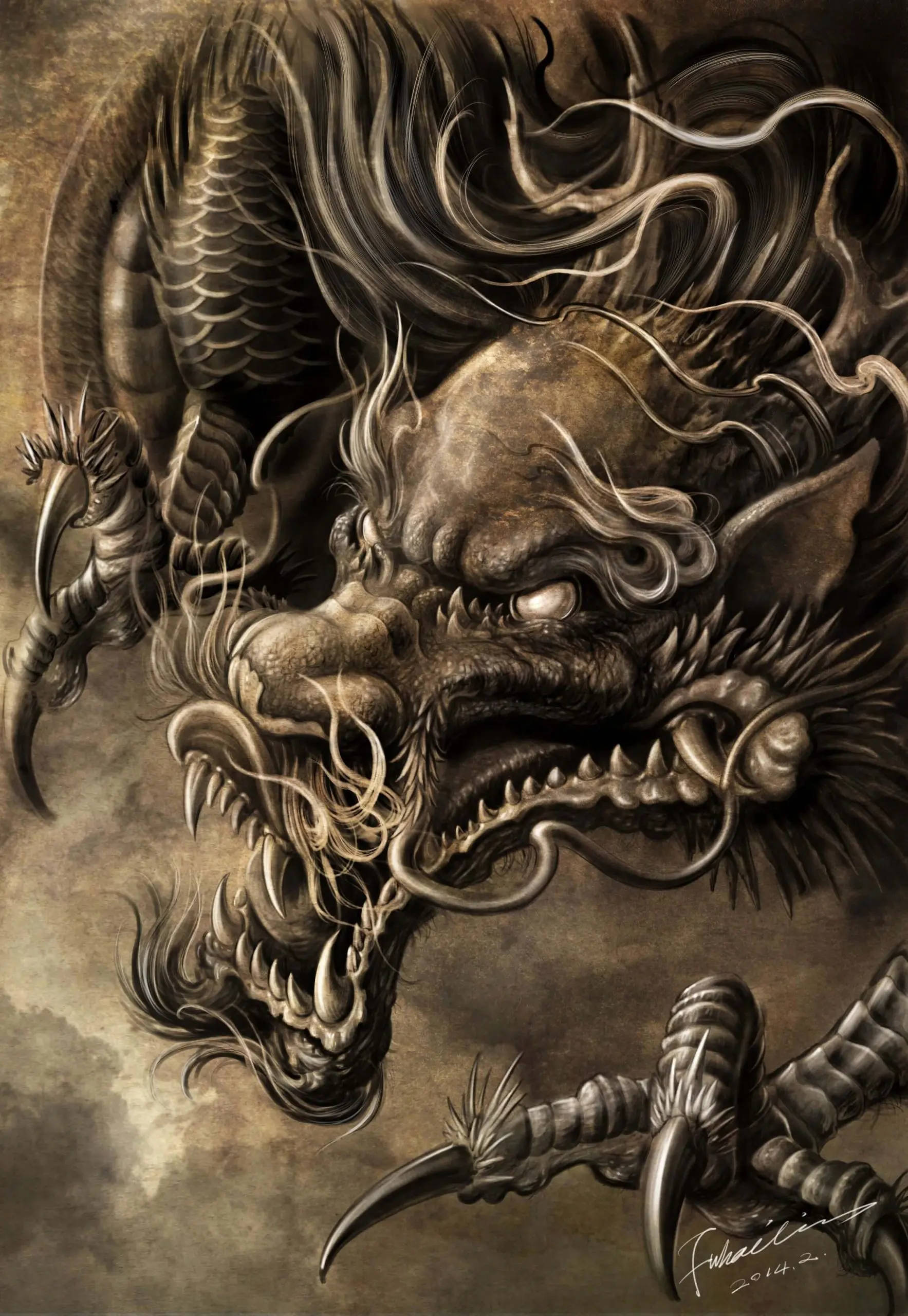 Japanese Dragon Tattoo 桌布 壁紙 — 一隻用墨水繪製的威嚇性龍，擁有鋒利的爪子和飄逸的鬃毛，主宰著煙霧瀰漫的深褐色背景。