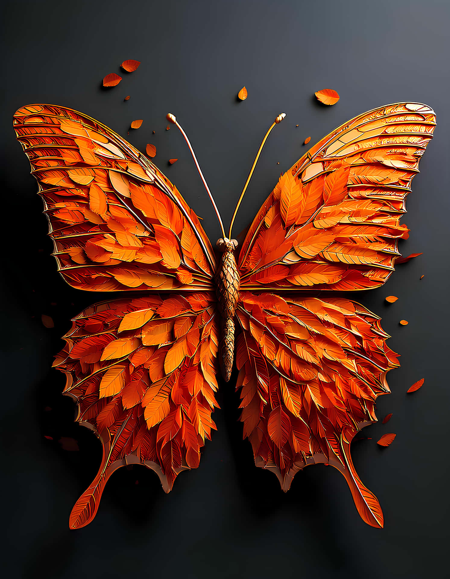 Butterfly 壁紙 — 一隻由層疊的秋葉製成的雄偉蝴蝶，呈現火熱的橙色色調，背景為深色。