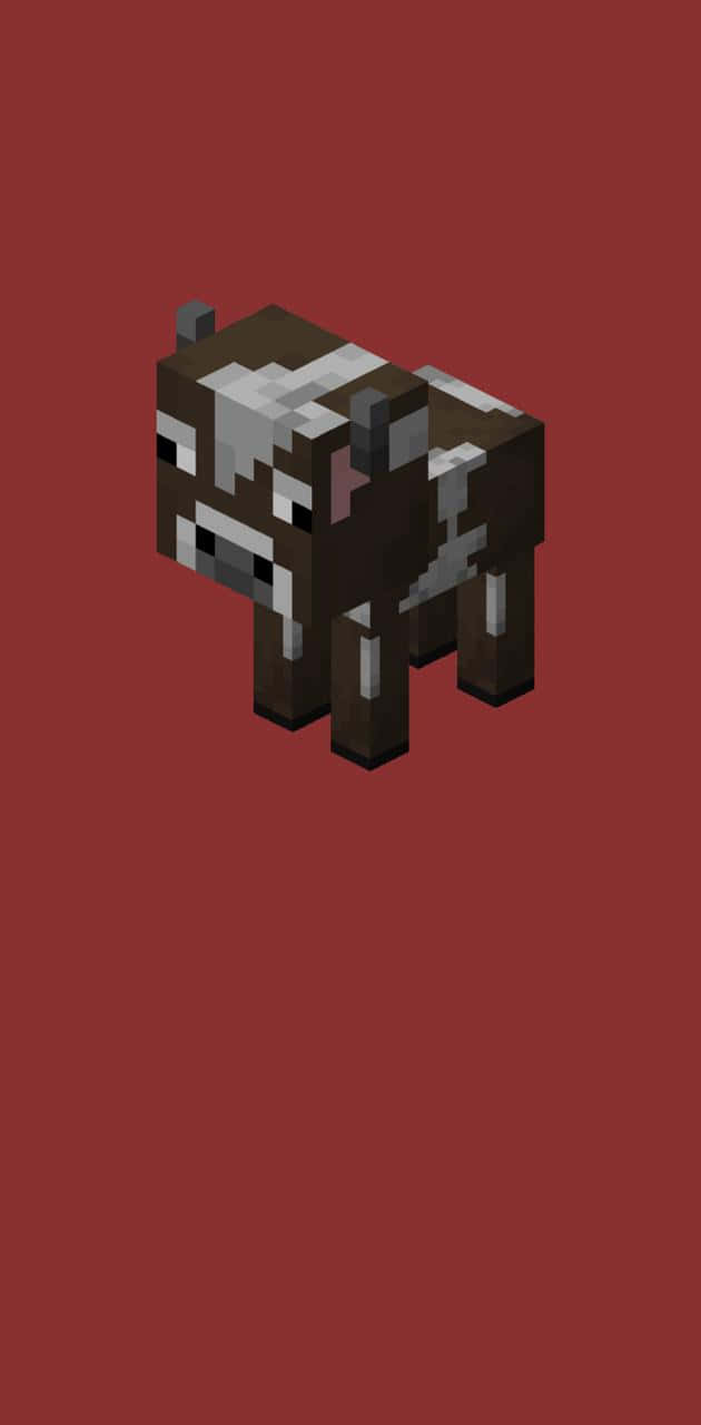 Minecraft Cow 桌布 壁紙 — 一隻由棕色和白色方塊組成的像素化牛，居中站立在純深紅色背景上。