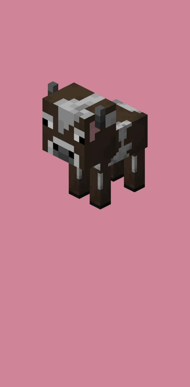 Minecraft Cow 桌布 壁紙 — 一隻由棕色和白色方塊組成的像素牛，居中站立在純粉色背景上。