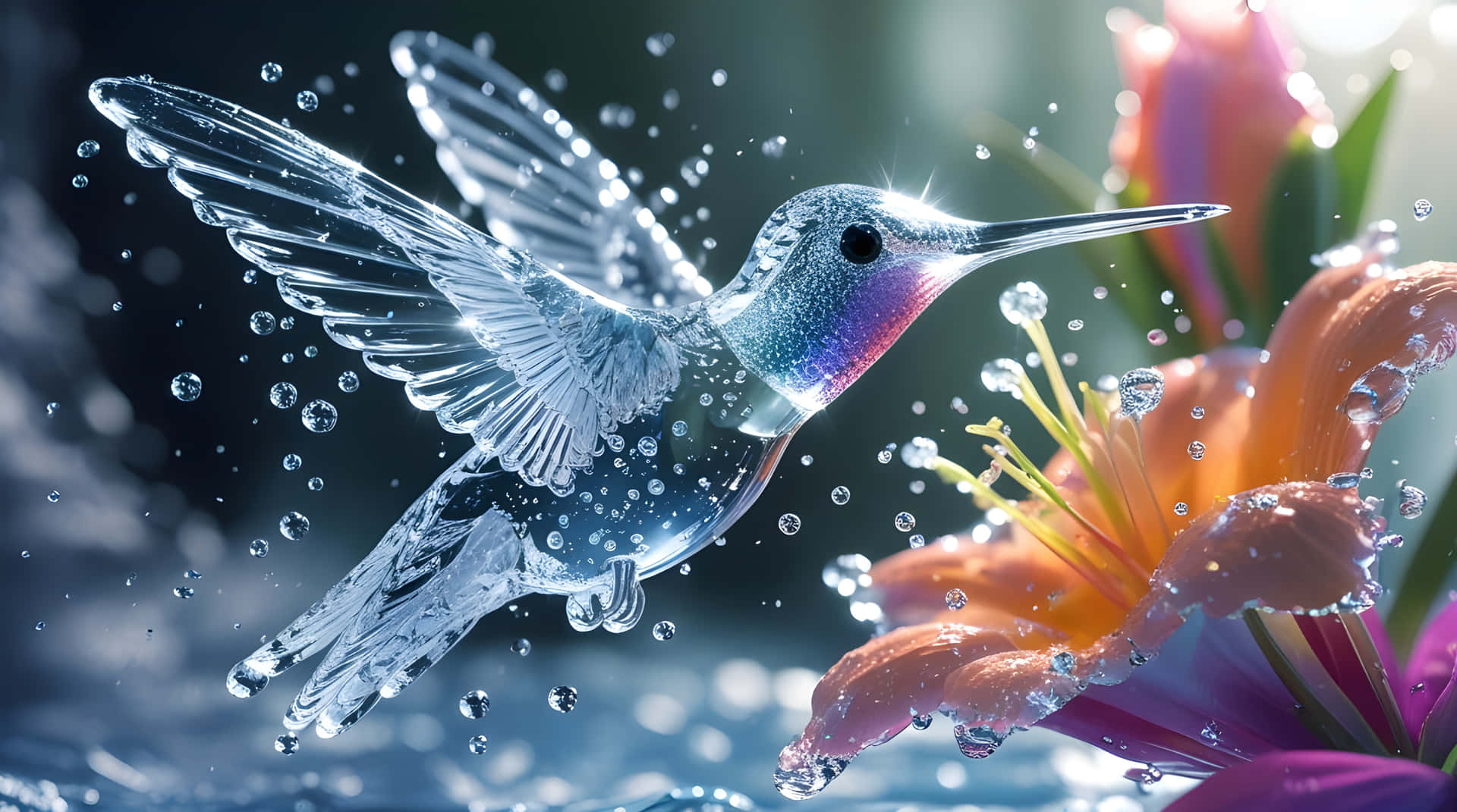 Birds flying wallpaper 壁紙 — 一隻由水製成的半透明蜂鳥在沾滿露水的橙色百合花附近盤旋，周圍有閃爍的水滴。