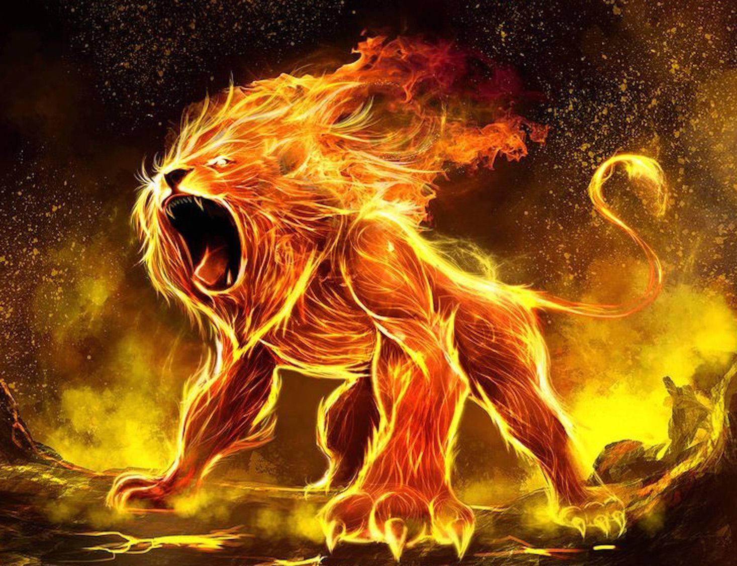 lion roar 桌布 壁紙 — 一隻由熾熱橙色和黃色火焰組成的咆哮獅子，在黑暗的星空下傲然挺立。