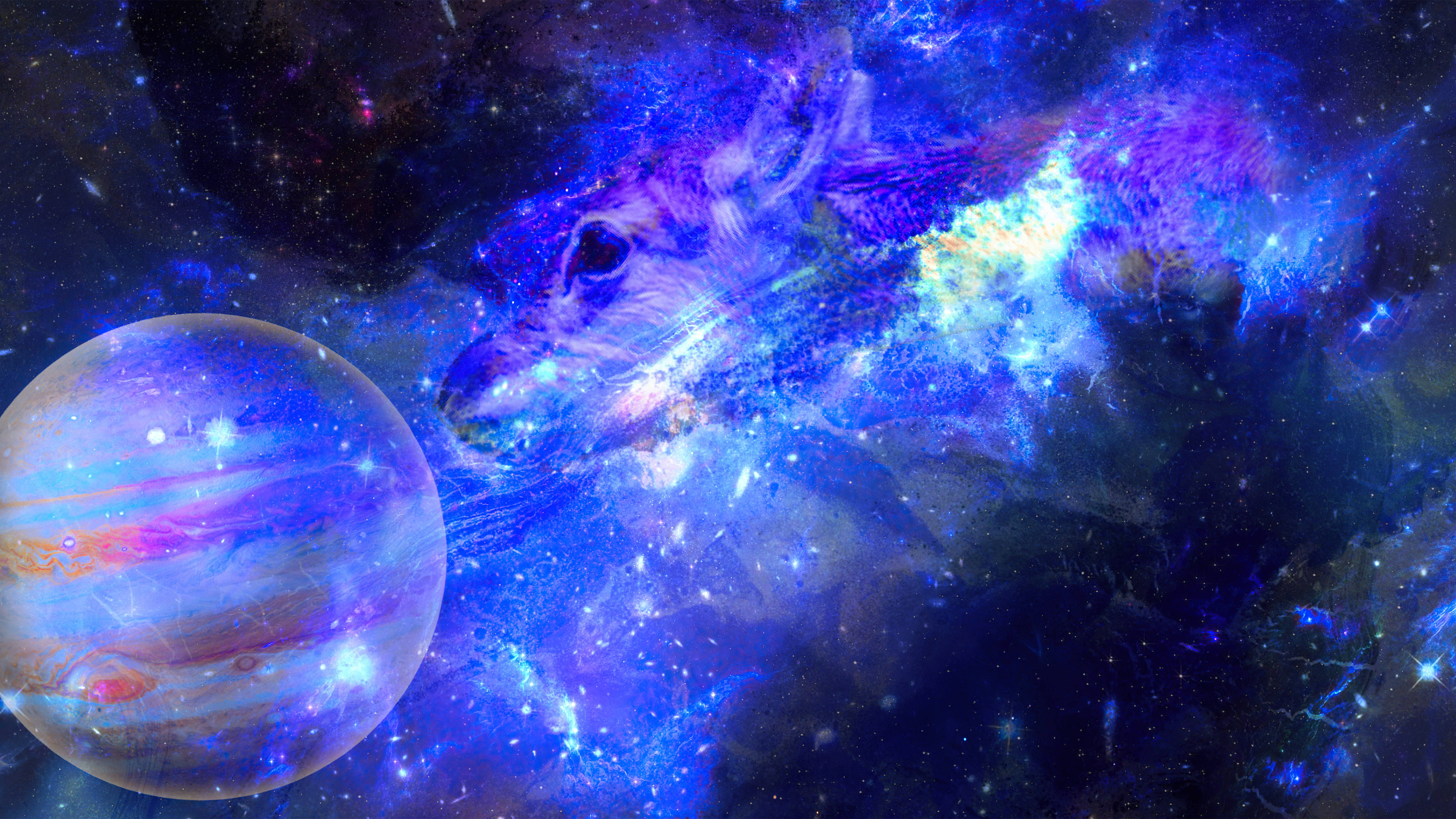 迷幻動圖 桌布 壁紙 — 一隻由發光星雲組成的宇宙狼，在滿天繁星的星系中凝視著一個旋轉的行星。