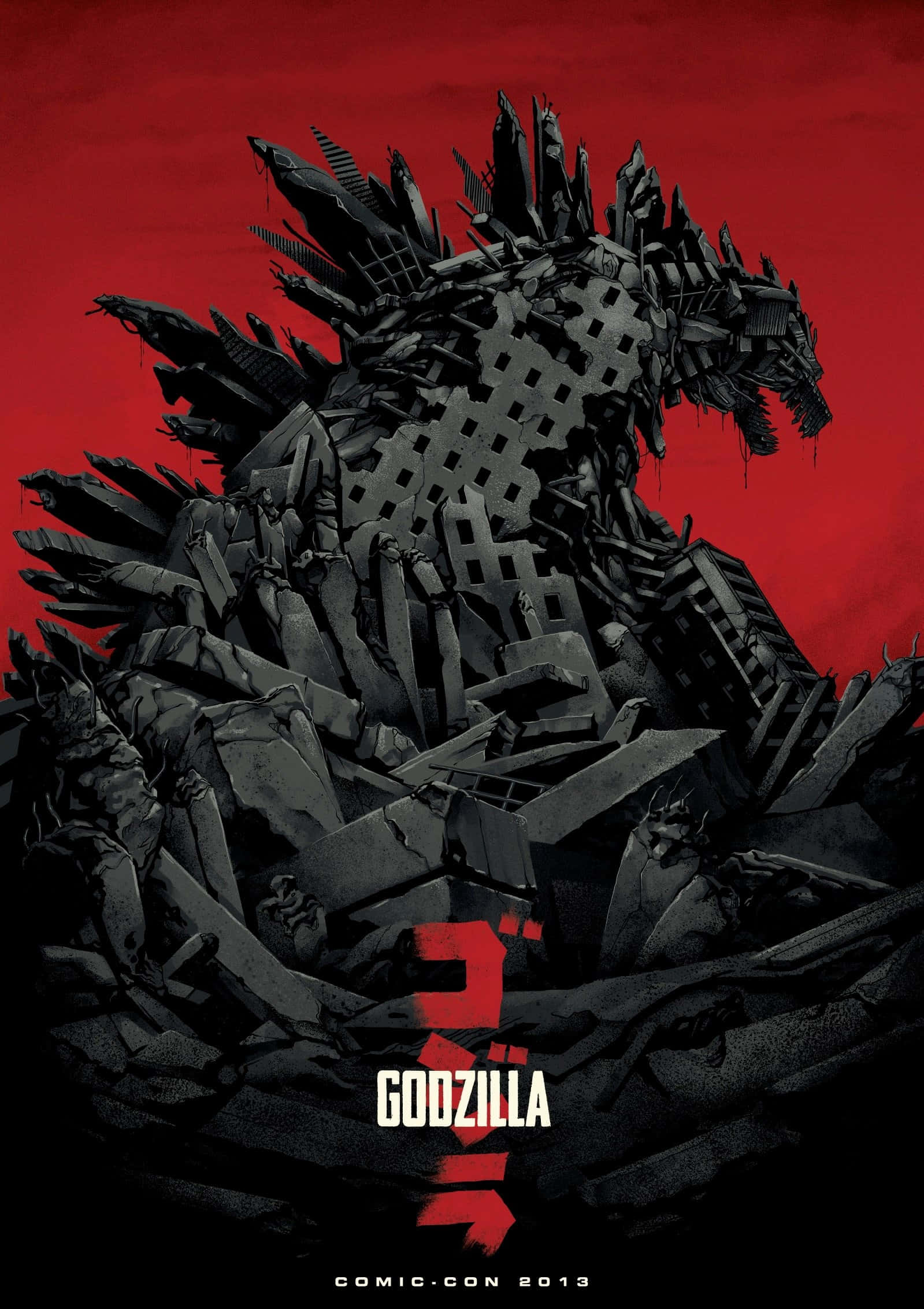 godzilla 1998 桌布 壁紙 — 一隻由破碎混凝土和鋼鐵製成的巨大哥吉拉，在血紅色的天空下以戲劇性的漫畫風格崛起。