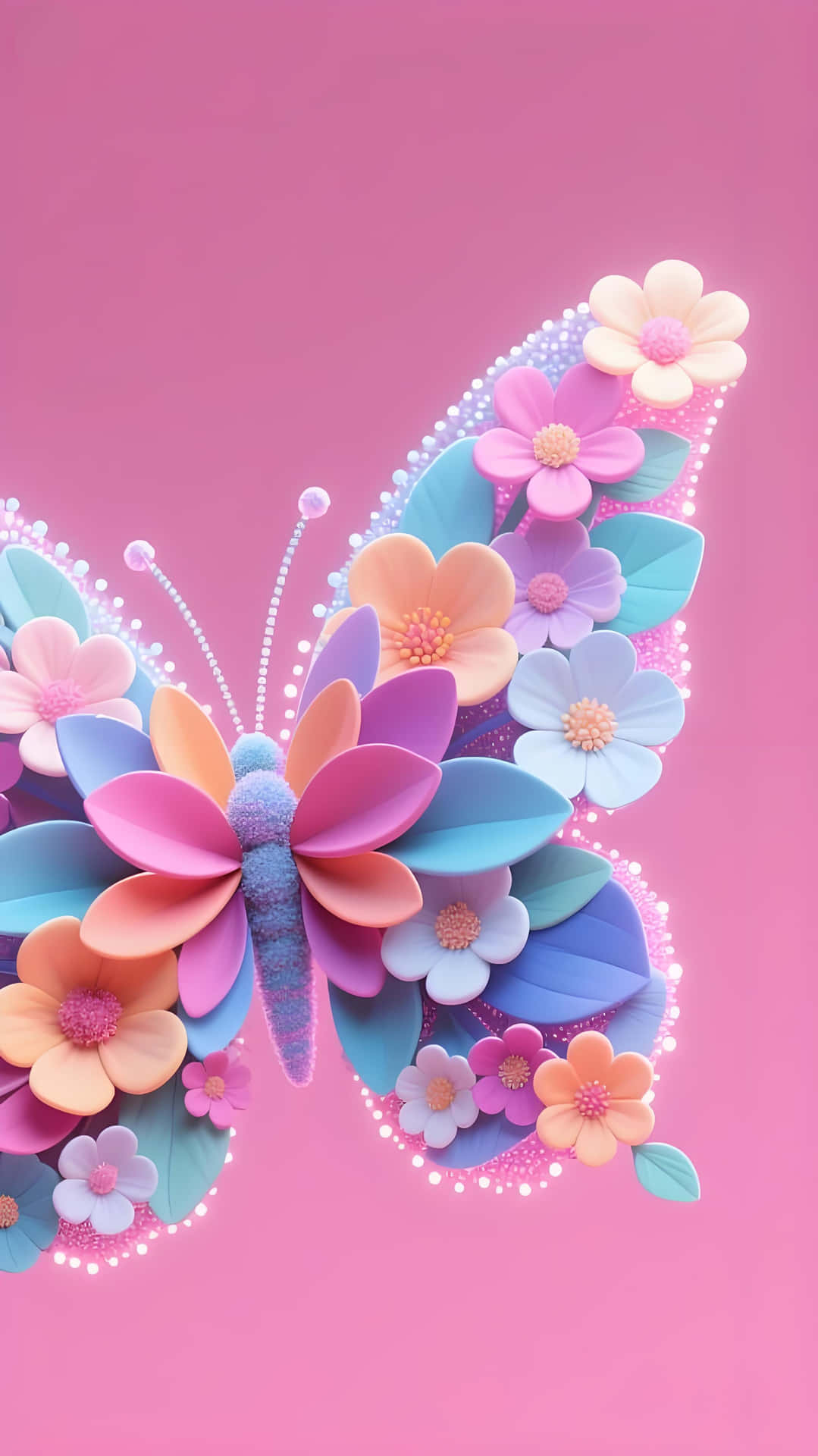 Whimsical butterfly wallpaper 壁紙 — 一隻由粉彩紙花和葉子製成的充滿活力的3D蝴蝶在柔和的粉紅色背景上發光。