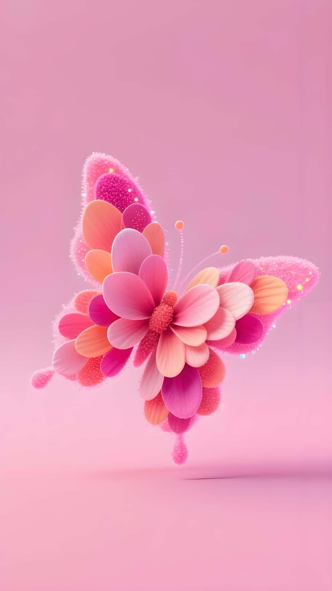 Pink Floral Butterfly: Sweet & Dreamy Wallpaper 壁紙 — 一隻由粉紅色和橙色花瓣層疊而成的夢幻蝴蝶，漂浮在柔和的漸變粉紅色背景上。