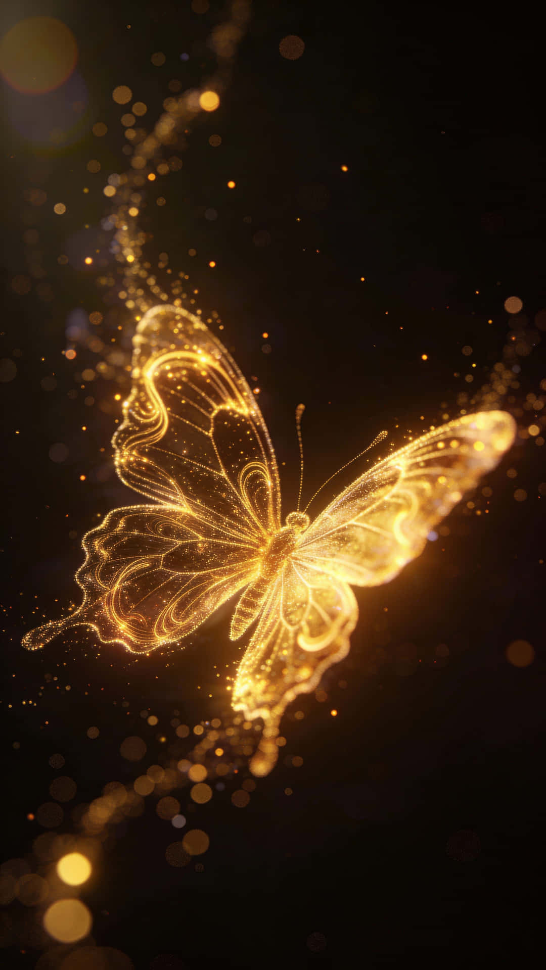 Glowing butterfly made of light particles on dark background 壁紙 — 一隻由閃爍粒子組成的發光金色蝴蝶，在點綴著發光球體的黑暗空間中滑翔。