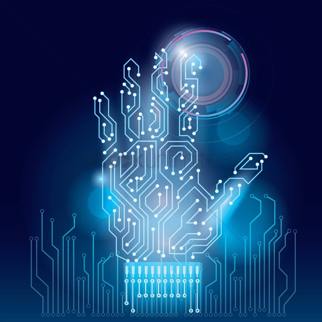 Circuit 桌布 壁紙 — 一隻由電路組成的發光藍色手伸向未來主義的全息介面，背景為深色數位背景。
