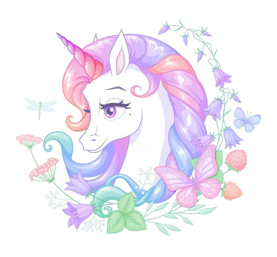 Unicorn Aesthetic 桌布 壁紙 — 一隻異想天開的卡通獨角獸，擁有粉彩彩虹鬃毛和尾巴，周圍環繞著花朵、蝴蝶和一隻蜻蜓。