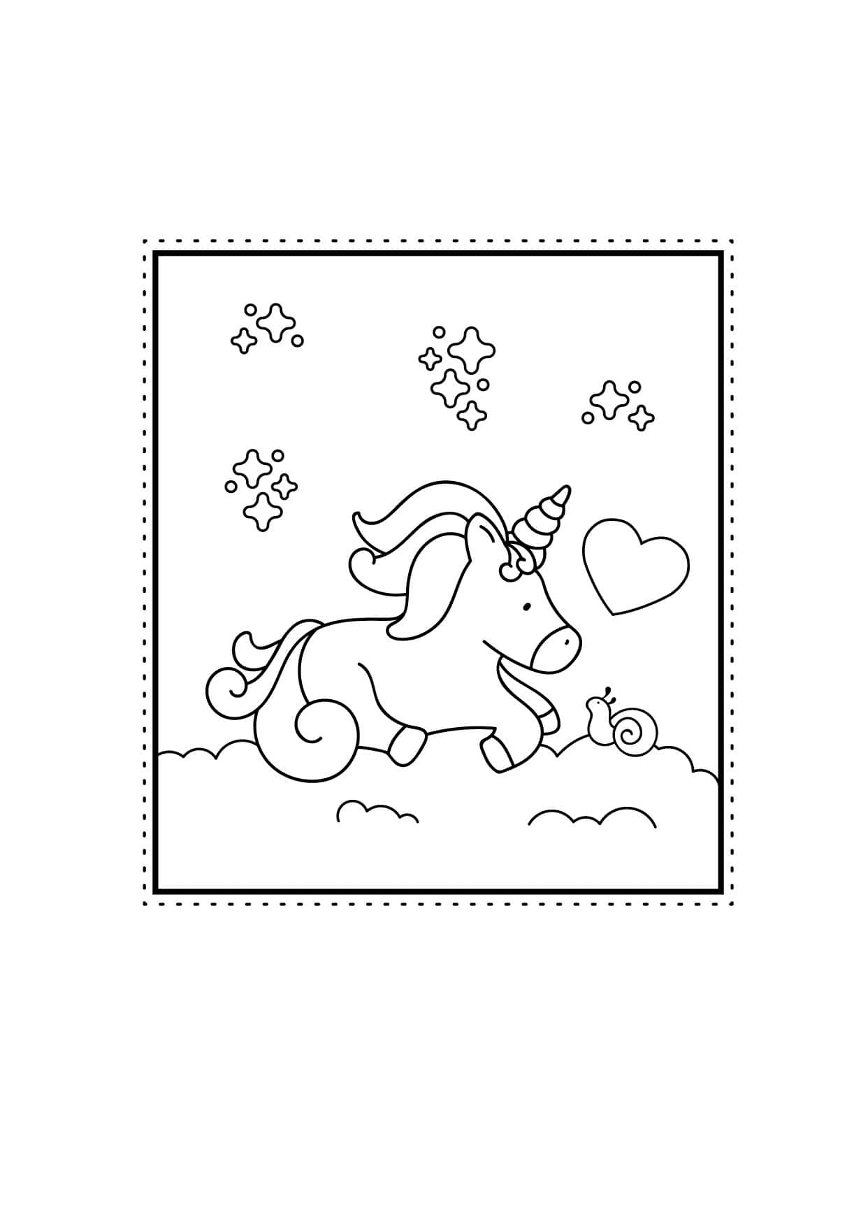 獨角獸 桌布 壁紙 — 一隻異想天開的線條藝術獨角獸快樂地奔馳經過一隻蝸牛，上方有閃光和愛心漂浮。