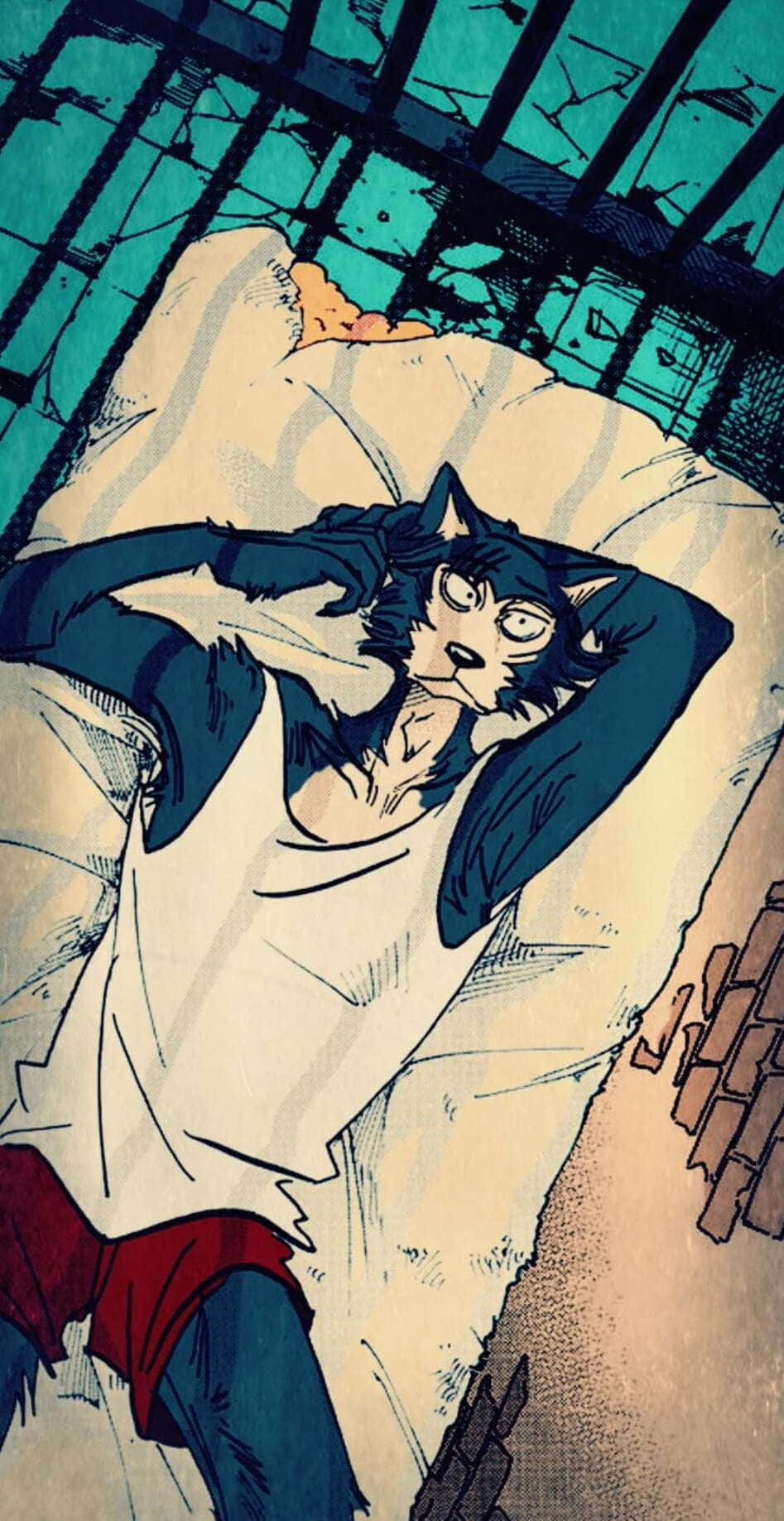 獸星 桌布 壁紙 — 一隻疲倦的擬人化狼穿著白色背心，在裂開的青綠色天花板下枕頭休息，附近有破碎的磚塊。