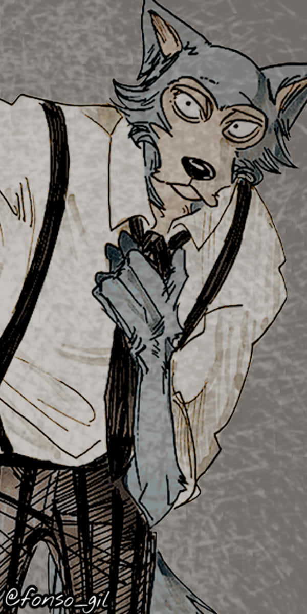 桌布 壁紙 — 一隻疲憊的擬人化狼，穿著皺巴巴的襯衫和吊帶，在紋理灰色背景前疲憊地向前傾。