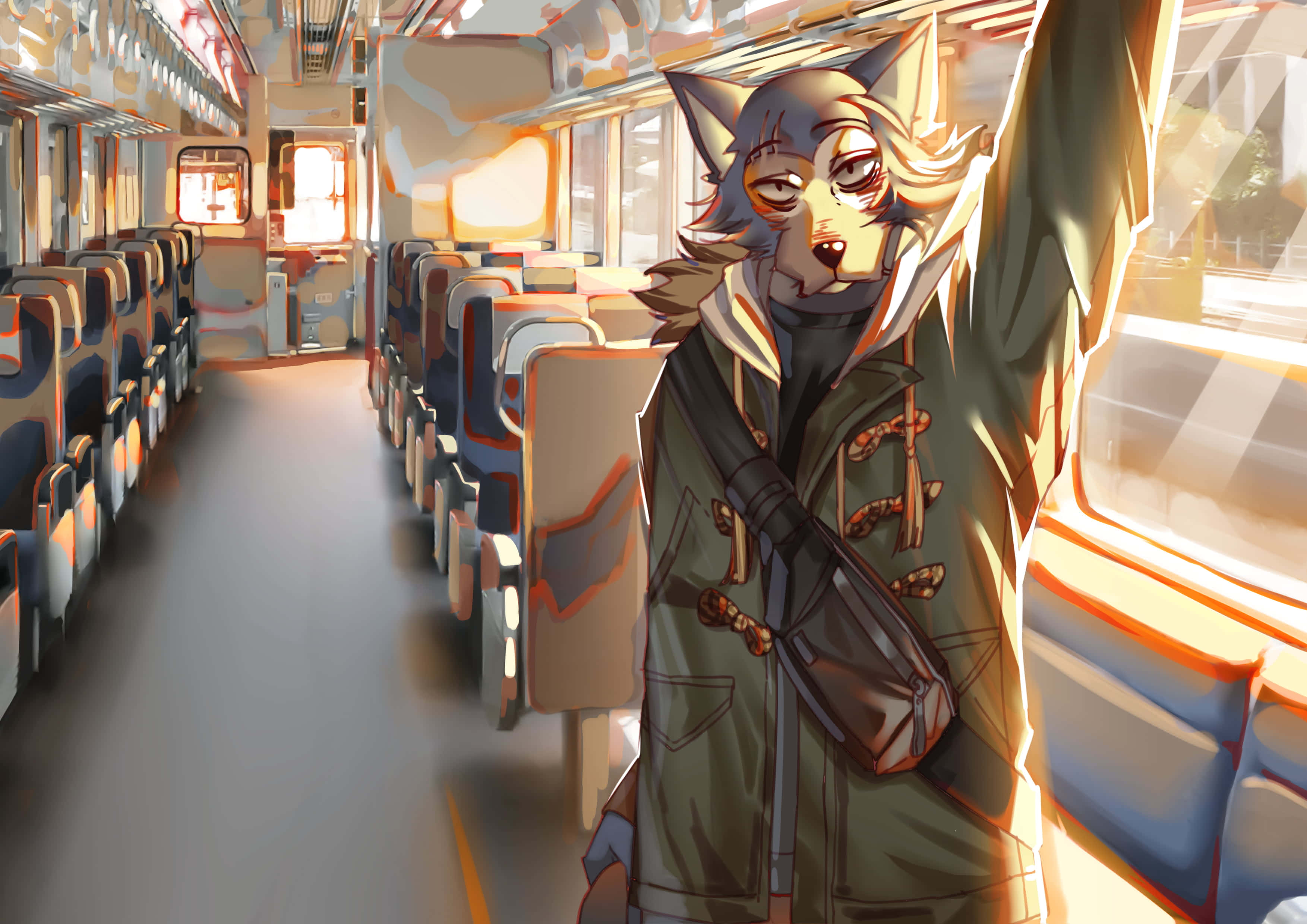 獸星 桌布 壁紙 — 一隻疲憊的擬人化狼穿著綠色外套，站在陽光普照的火車車廂內，抓著柱子，一排排座位延伸到遠方。