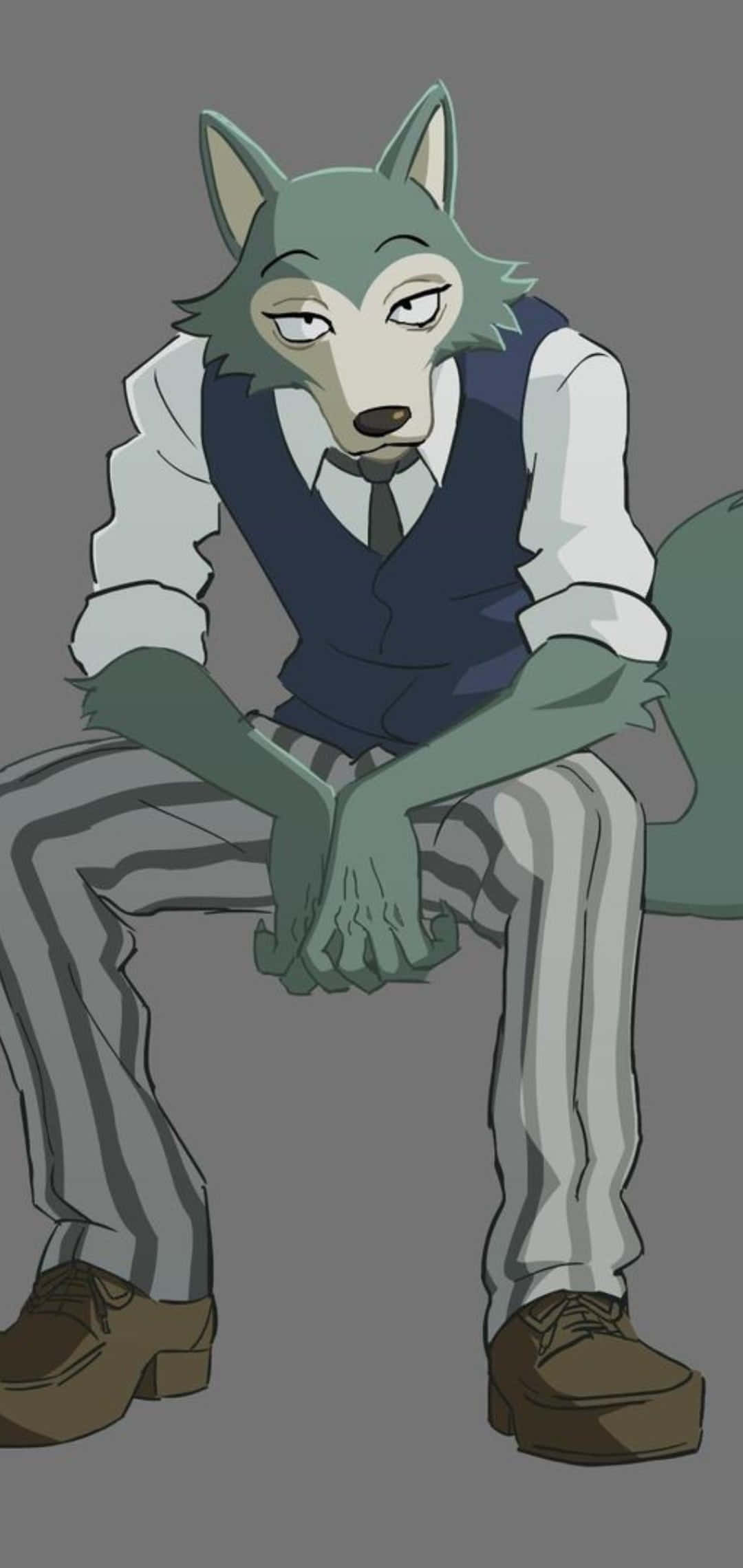 獸星 桌布 壁紙 — 一隻疲憊的綠色毛髮擬人化狼，穿著背心和條紋褲，癱坐著雙手交握，眼睛半閉，背景是純灰色。