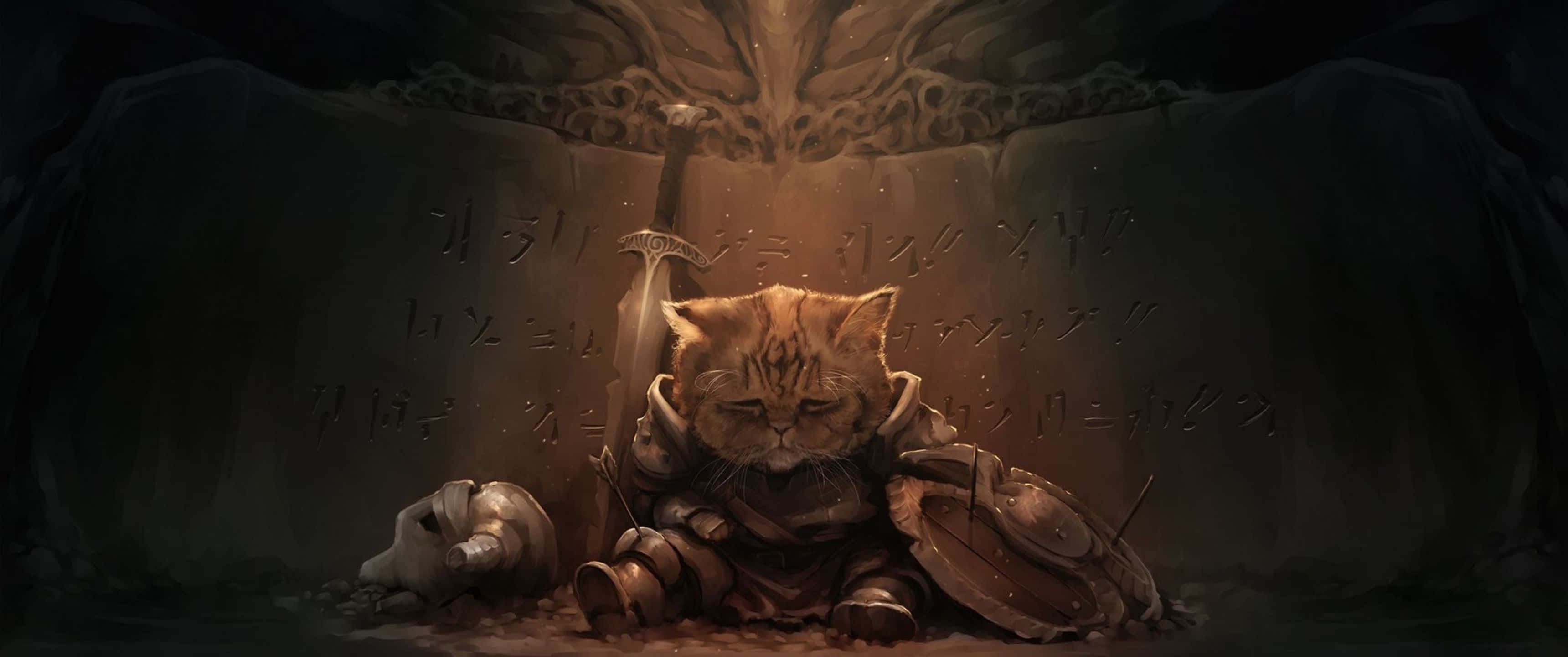 3440x1440p The Elder Scrolls V Skyrim 桌布 壁紙 — 一隻疲憊的裝甲貓坐在昏暗的洞穴中，周圍環繞著古代符文和一把劍，沐浴在溫暖的金色光芒中。