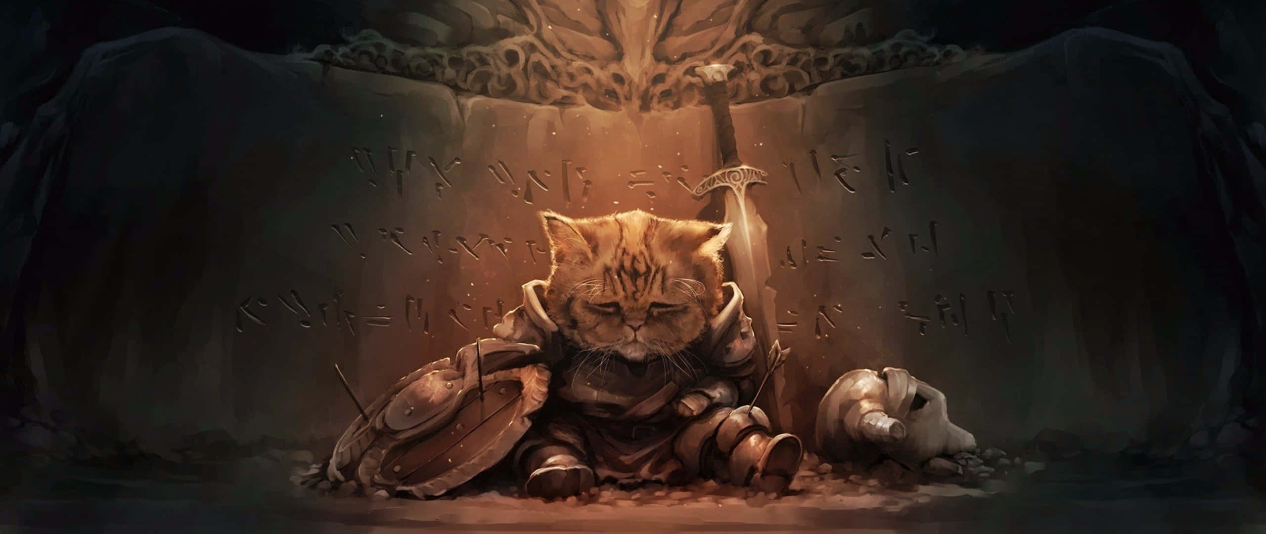 Art 2560x1080 桌布 壁紙 — 一隻疲憊的裝甲貓戰士在一個光線昏暗、刻有古代符文的洞穴中，在劍和盾牌旁休息。