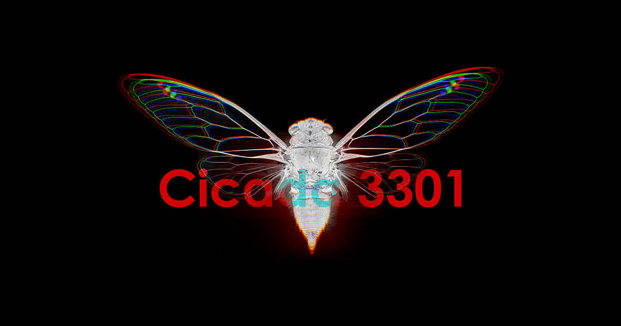Cicada 桌布 壁紙 — 一隻發光半透明的蟬，帶有彩虹色翅膀脈絡，在黑色背景上與紅色文字一同脈動。