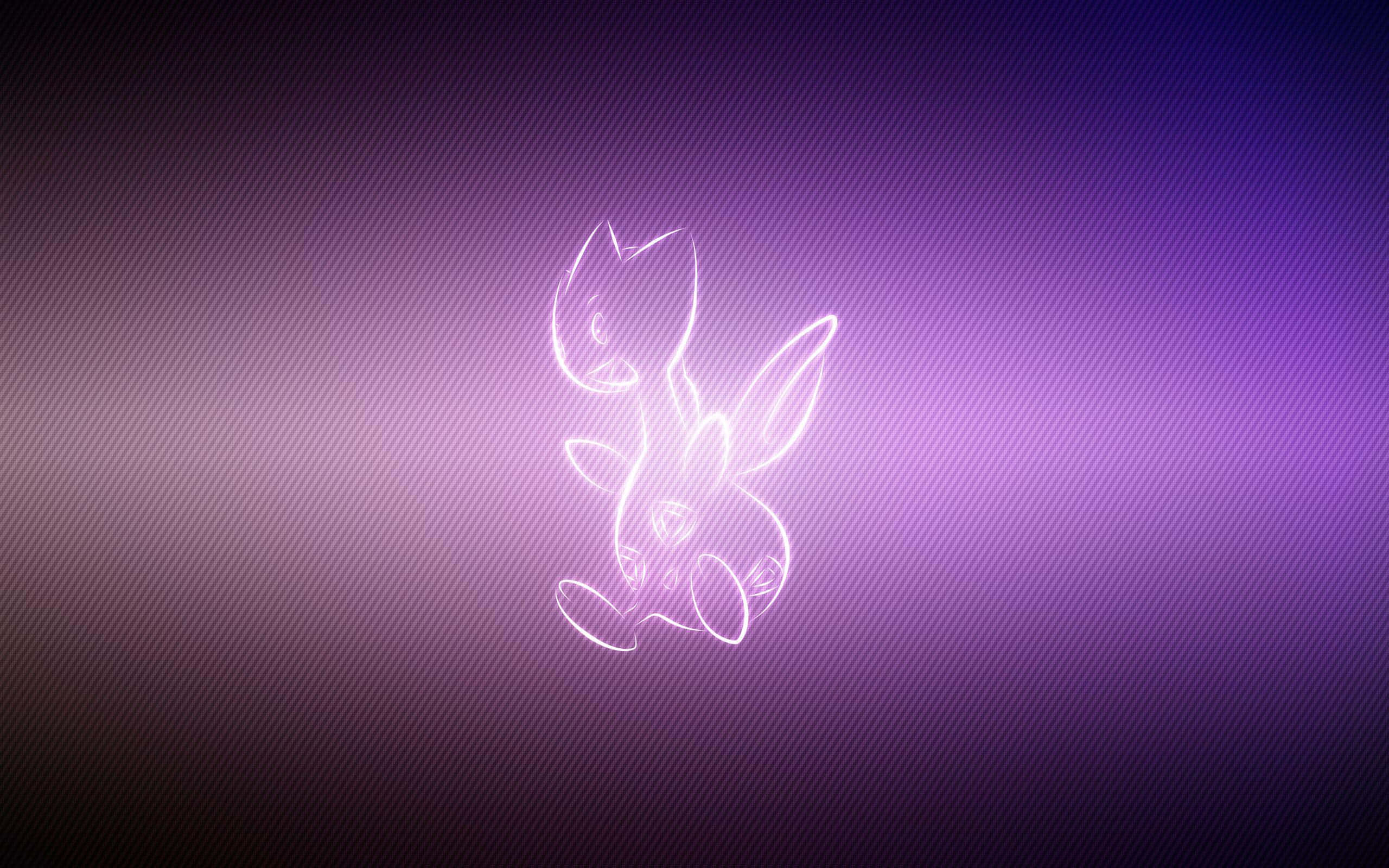 Pokemon Aesthetic 桌布 壁紙 — 一隻發光白色線條藝術的小狐狸狀生物，在帶有對角線條的漸變紫色背景上勾勒出輪廓。