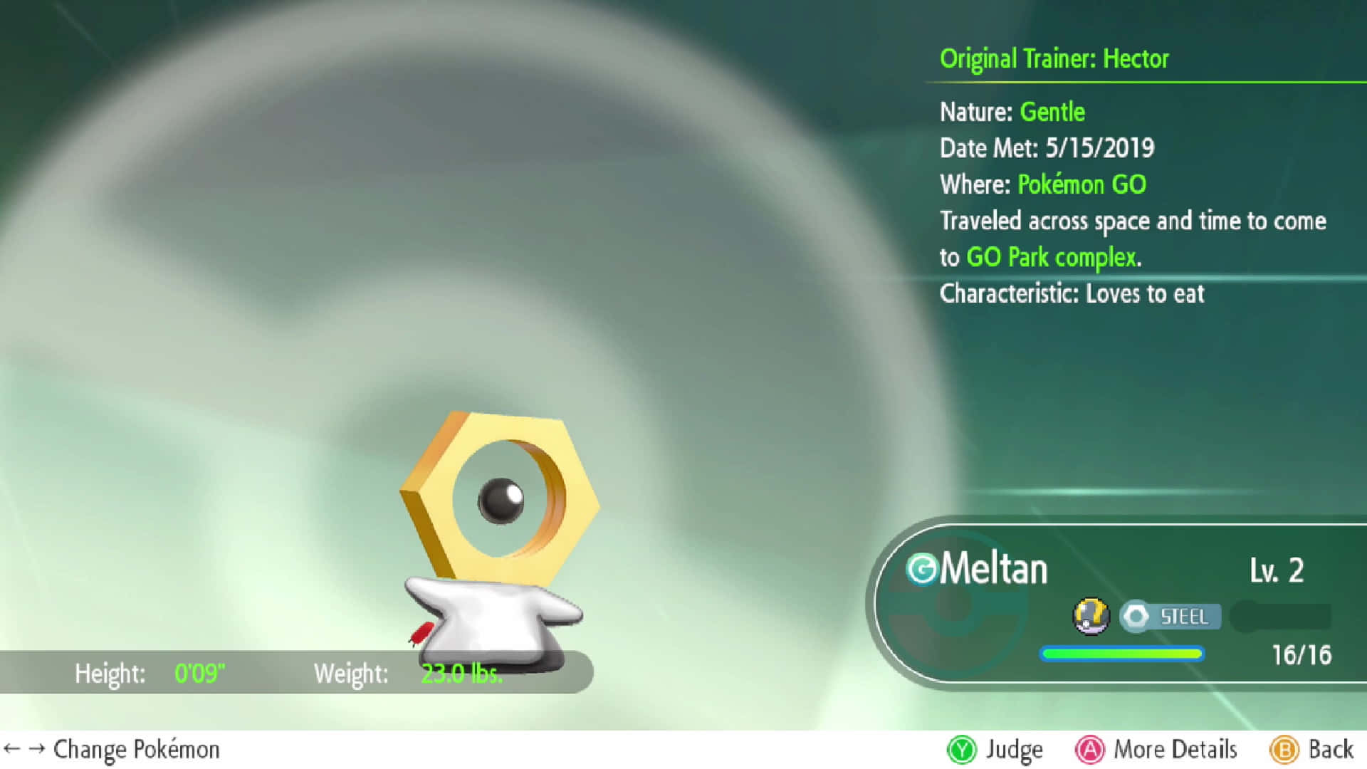 寶可夢 桌布 壁紙 — 一隻發光的六角形寶可夢 Meltan 站在一個顯示統計數據和傳說文字的寶可夢圖鑑介面上，背景為綠色漸變。