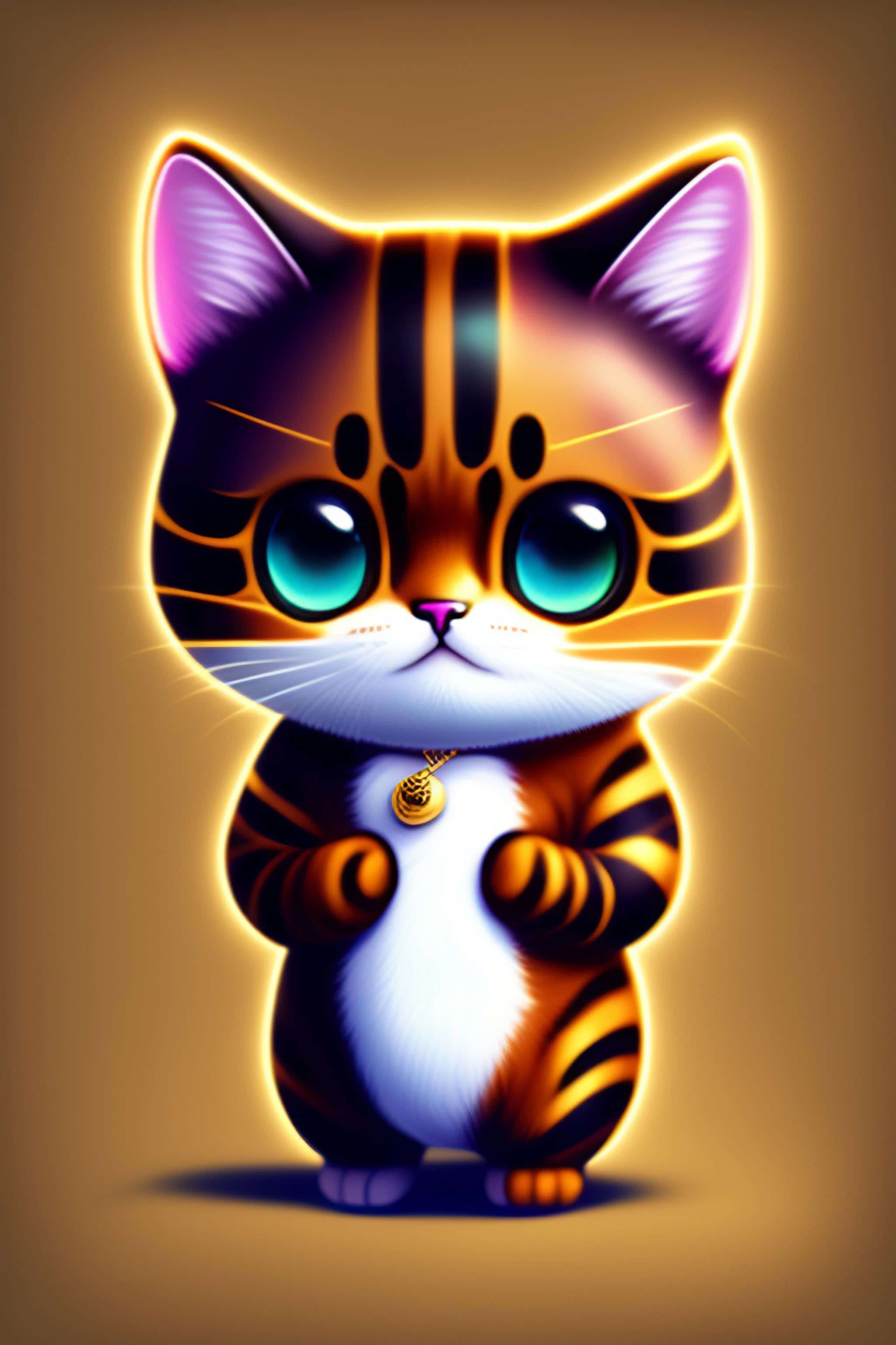 Dancing Cat 桌布 壁紙 — 一隻發光的卡通虎仔，有大藍眼睛和金色吊墜，站在溫暖的金色背景前。