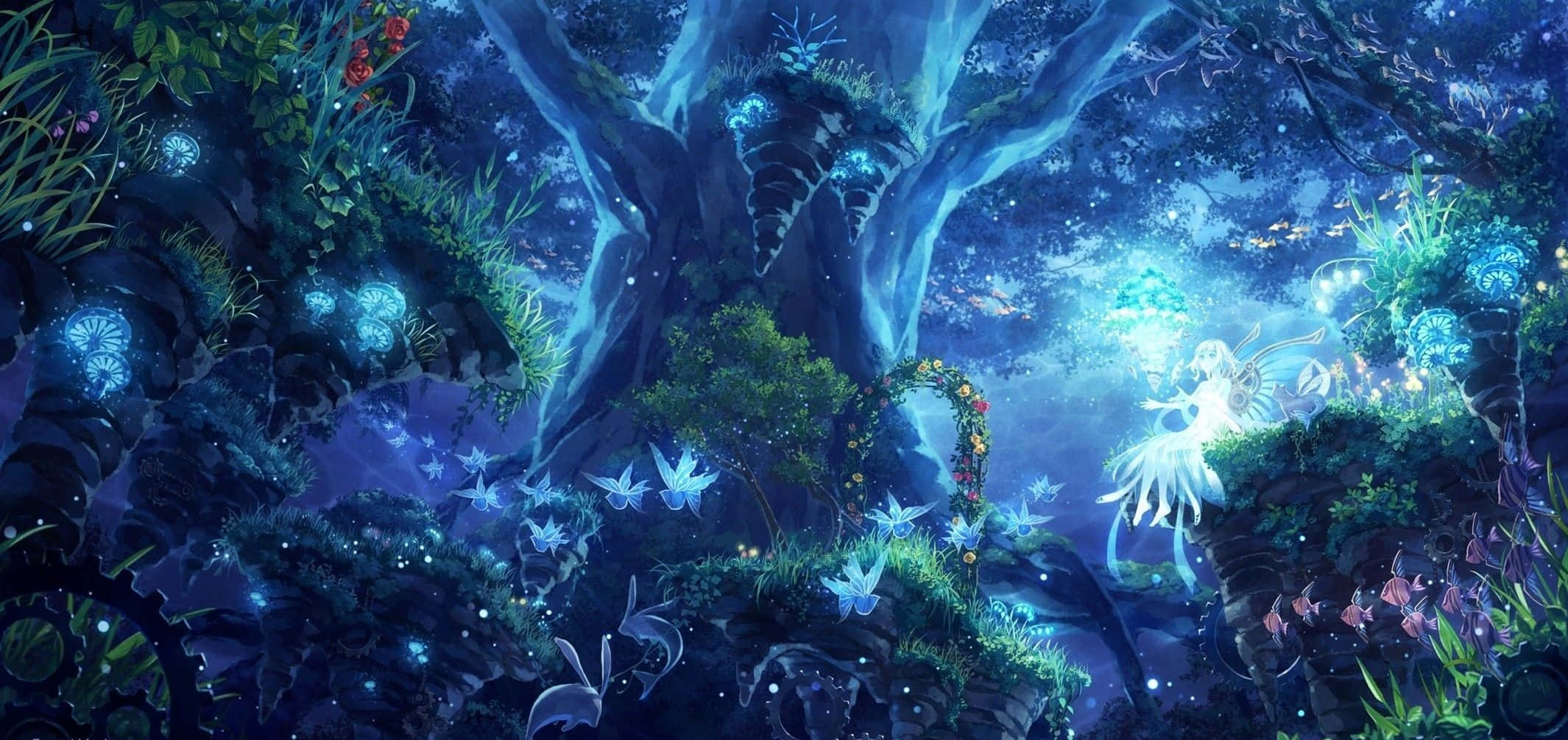Anime Forest 桌布 壁紙 — 一隻發光的妖精帶著翅膀，在神秘的暮光森林中漂浮在發光藍色蘑菇和發光蝴蝶之間。