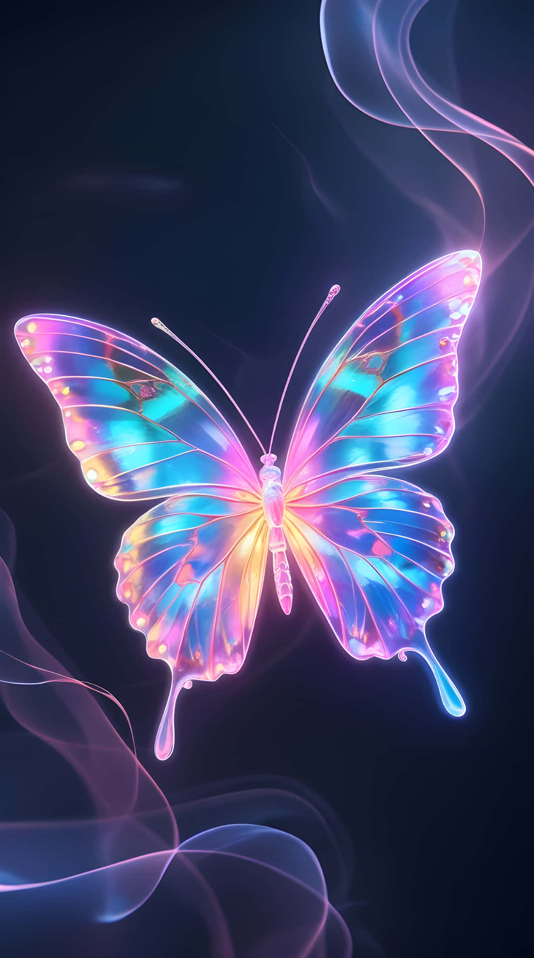 Neon colour butterfly 壁紙 — 一隻發光的彩虹色蝴蝶，翅膀閃爍，在黑暗背景中飄過旋轉的霓虹煙霧。