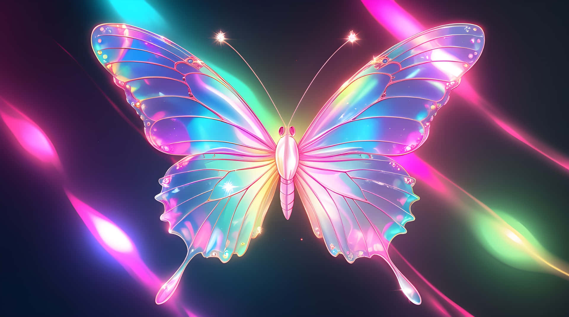 A neon lighting colour butterfly flying 壁紙 — 一隻發光的彩虹蝴蝶，翅膀閃爍，在帶有霓虹粉紅、綠色和藍色光線的黑暗背景中飛舞。