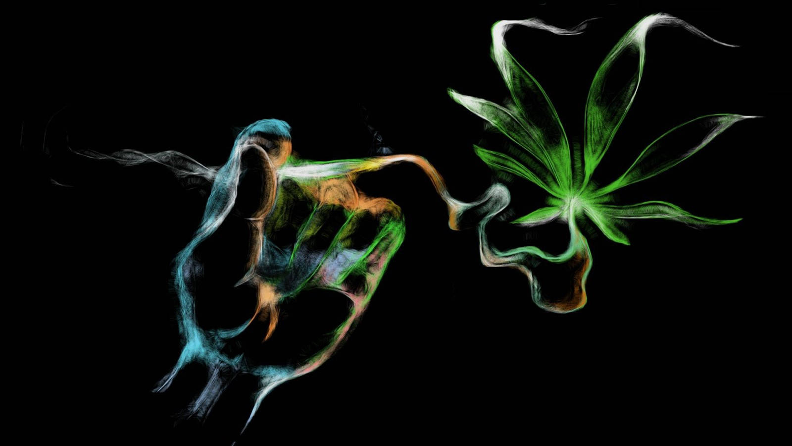 酷炫大麻 桌布 壁紙 — 一隻發光的手散發出鮮綠色煙霧，在黑色背景上形成大麻葉。